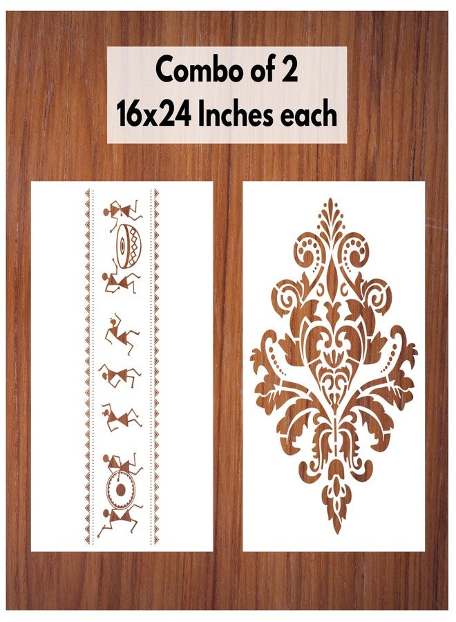 StenCart Combo of 2 Warli Art Tribal & Damask Design Jodhpur Stencils for Wall Painting DIY Reusable Wall Stencil Design for Wall Decoration (16x24 inch) -Pack of 2 - Image 1